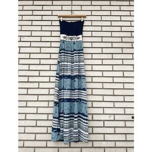 Skemo Navy Blue Beaded Sequin Strapless Maxi Dress Smocked Stretch Elastic